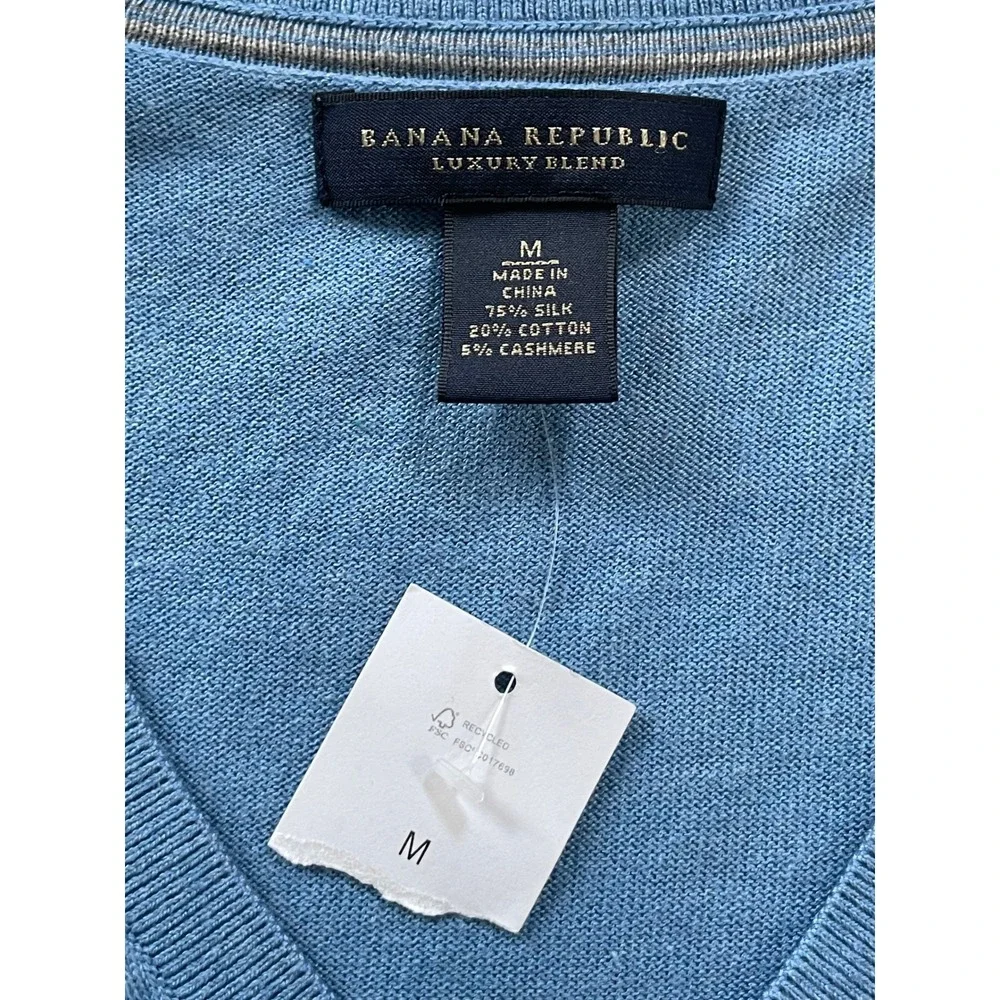 Banana Republic Men Medium Sweater Blue Silk Cotton Cashmere V-Neck Luxury Blend